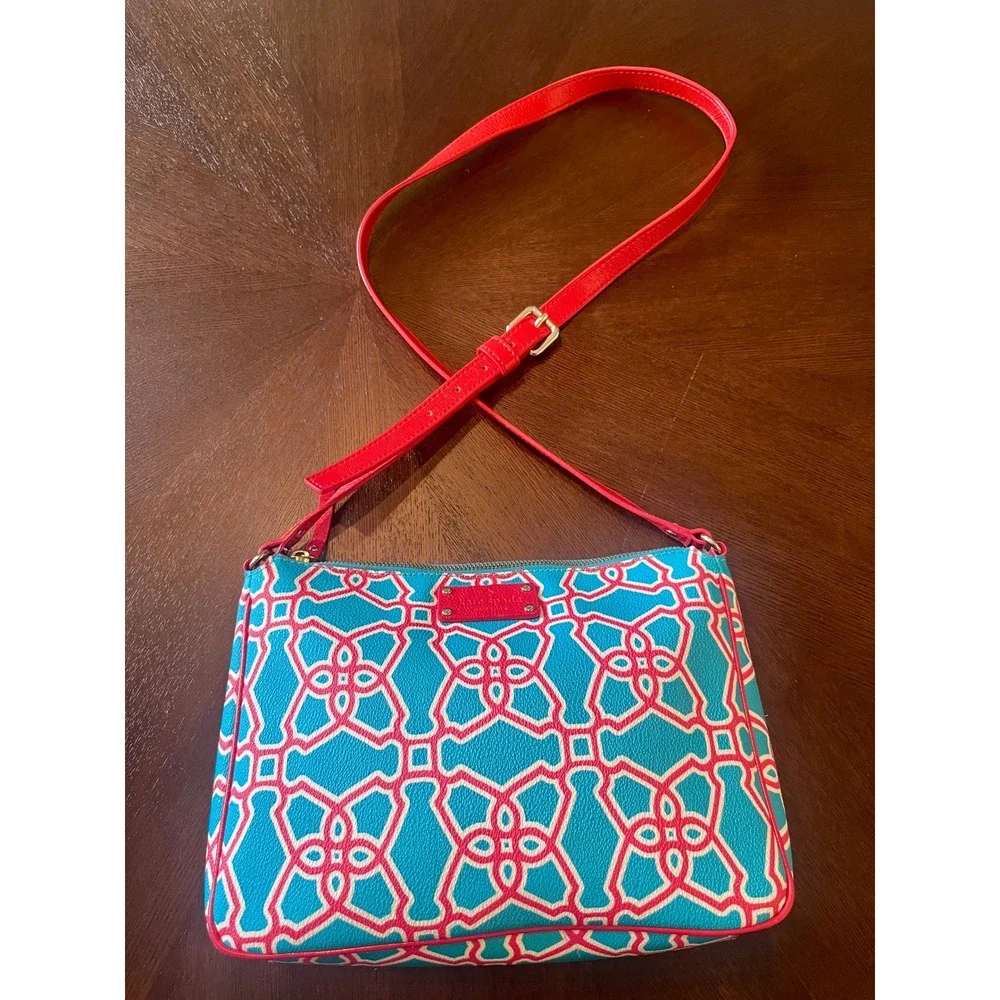 Kate Spade Crossbody Bag Womens Small Blue Pink Excellent Geometric Quatrefoil